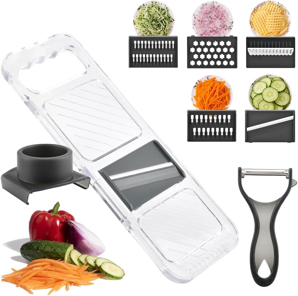 Mandoline Slicer for Kitchen, 6-in-1 Vegetable Chopper with Safe Hand Guard Easy-Clean Design & Compact Storage for Salad Prep, Chips, Fruits & Daily Cooking(COLOR:grey)
