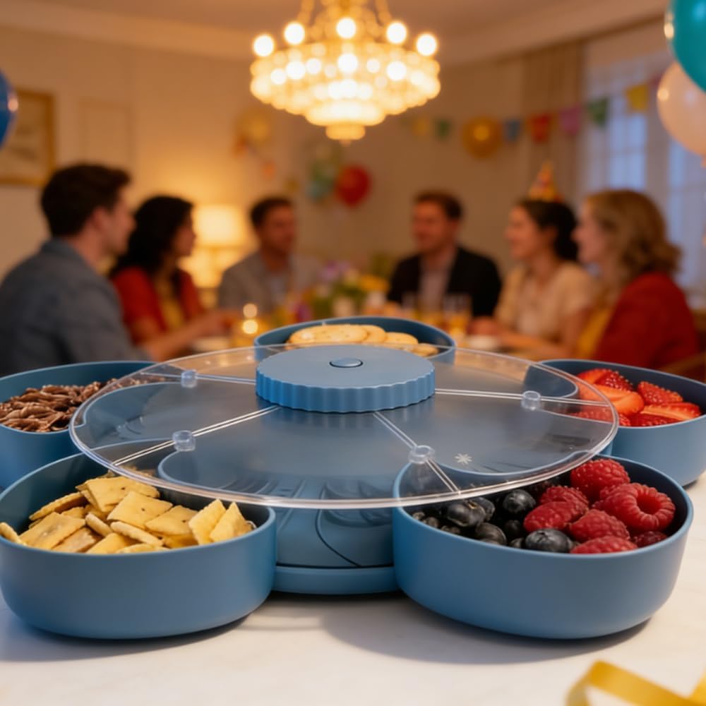 Divided Spin and Snack Serving Tray, Divided Serving Tray That Spins, Portable Travel Snackle Box with Rotating Cover, Multi-compartment Rotating Food Organizer, Spin-to-Open (A#)
