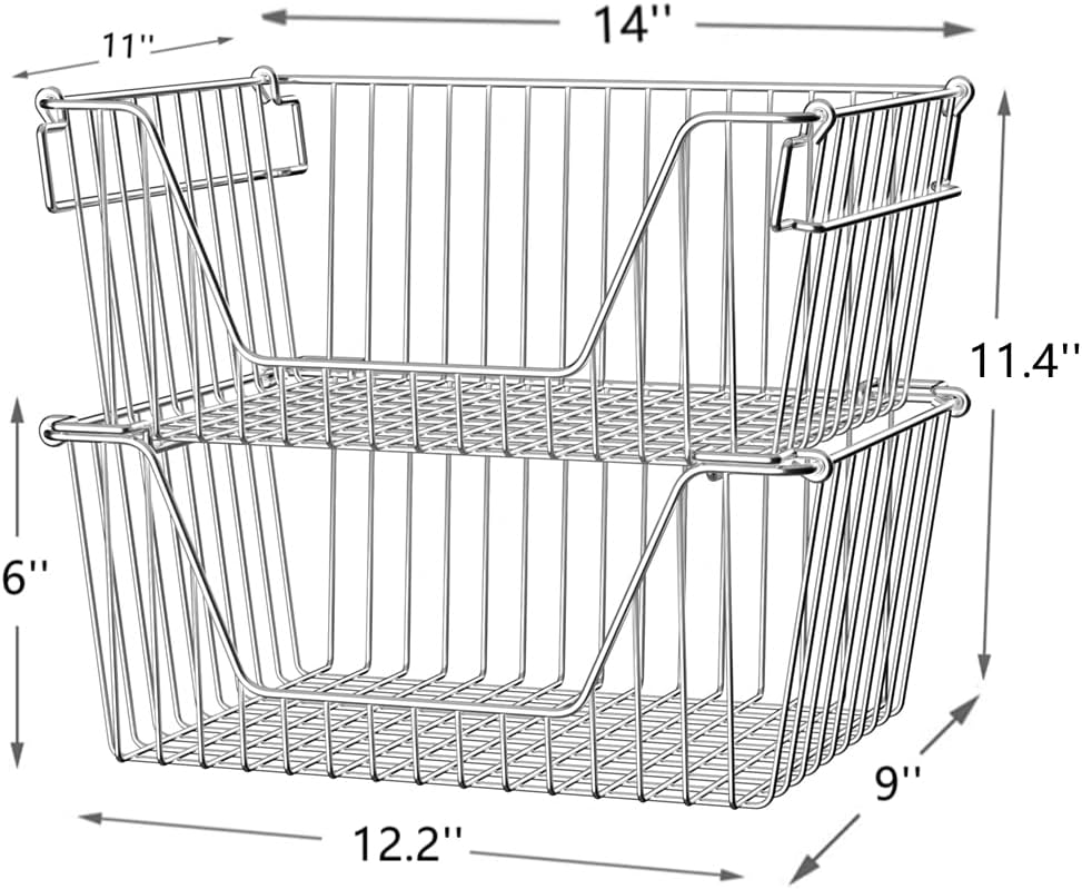 Slideep Wire Storage Baskets, Freezer Baskets Farmhouse Stackable Organizer Storage Bins Large Organizer for Storage, Office, Bathroom, Pantry Organization Storage with Handles 14" Black -Set of 3