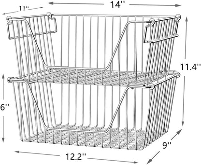 Slideep Wire Storage Baskets, Freezer Baskets Farmhouse Stackable Organizer Storage Bins Large Organizer for Storage, Office, Bathroom, Pantry Organization Storage with Handles 14" Black -Set of 3