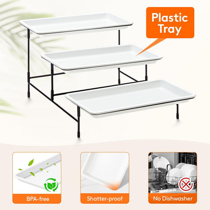 Lifewit 3 Tier Serving Tray, 30 x 17 cm/12 x 6.5" White Plastic Tiered Food Serving Platters, Tiered Tray Stand for Party with Black Collapsible Metal Stand, Dessert Display Stand for Cookies/Crackers