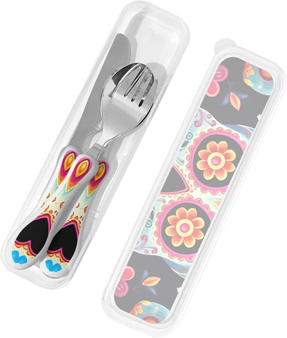 3-Piece Kids Silverware Set With Storage Case, Stainless Steel Reusable Children Safe Knife Spoon Fork Set Sugar Skulls Children Flatware Set For Kids Lunch Box