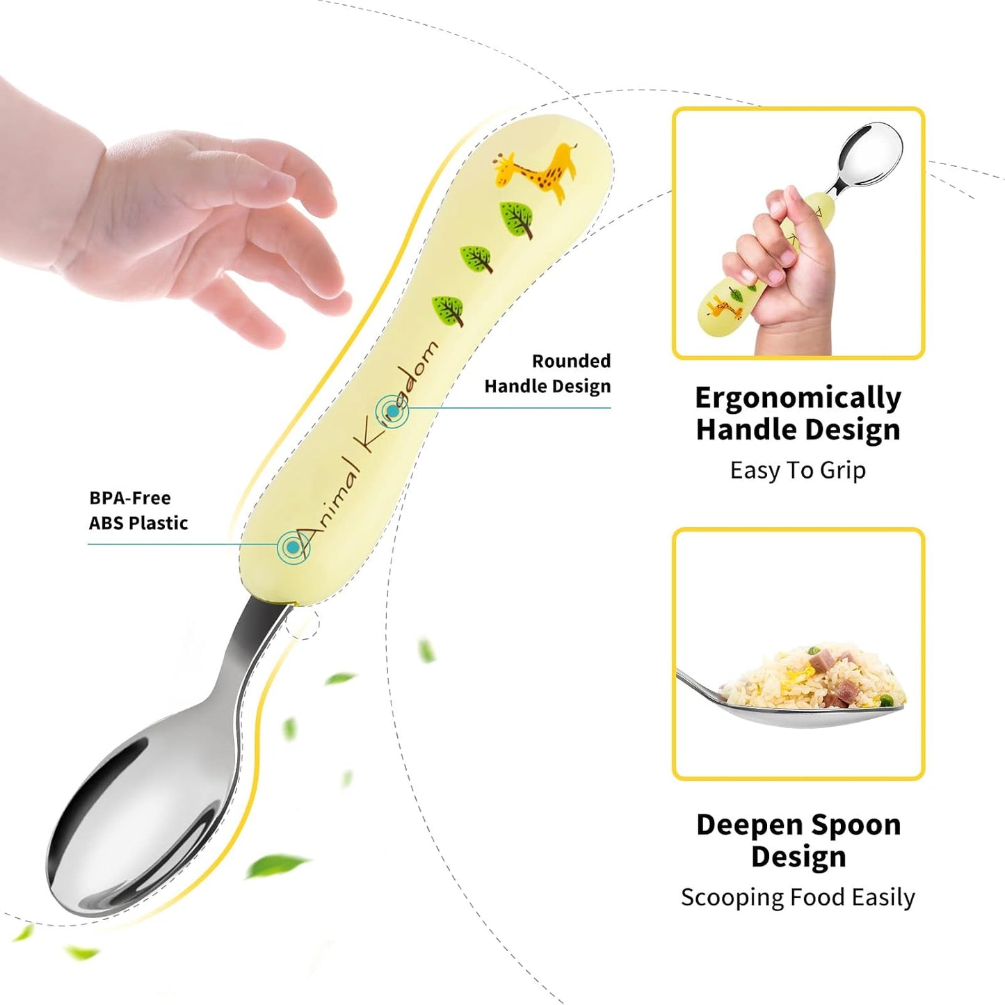 Lehoo Castle 6 Pieces Toddler Utensils, Kids Silverware for 2 3 4 Years Old, Stainless Steel Fork and Spoon Set with Plastic Handle, Safe Toddler Cutlery (Dinosaur)