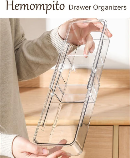 Expandable Desk Drawer Organizer Bins with Removable Dividers, Clear & Durable BPA-Free PET Plastic, for Vanity, Kitchen, Bathroom, Office, and Bedroom Storage, 3-Pack