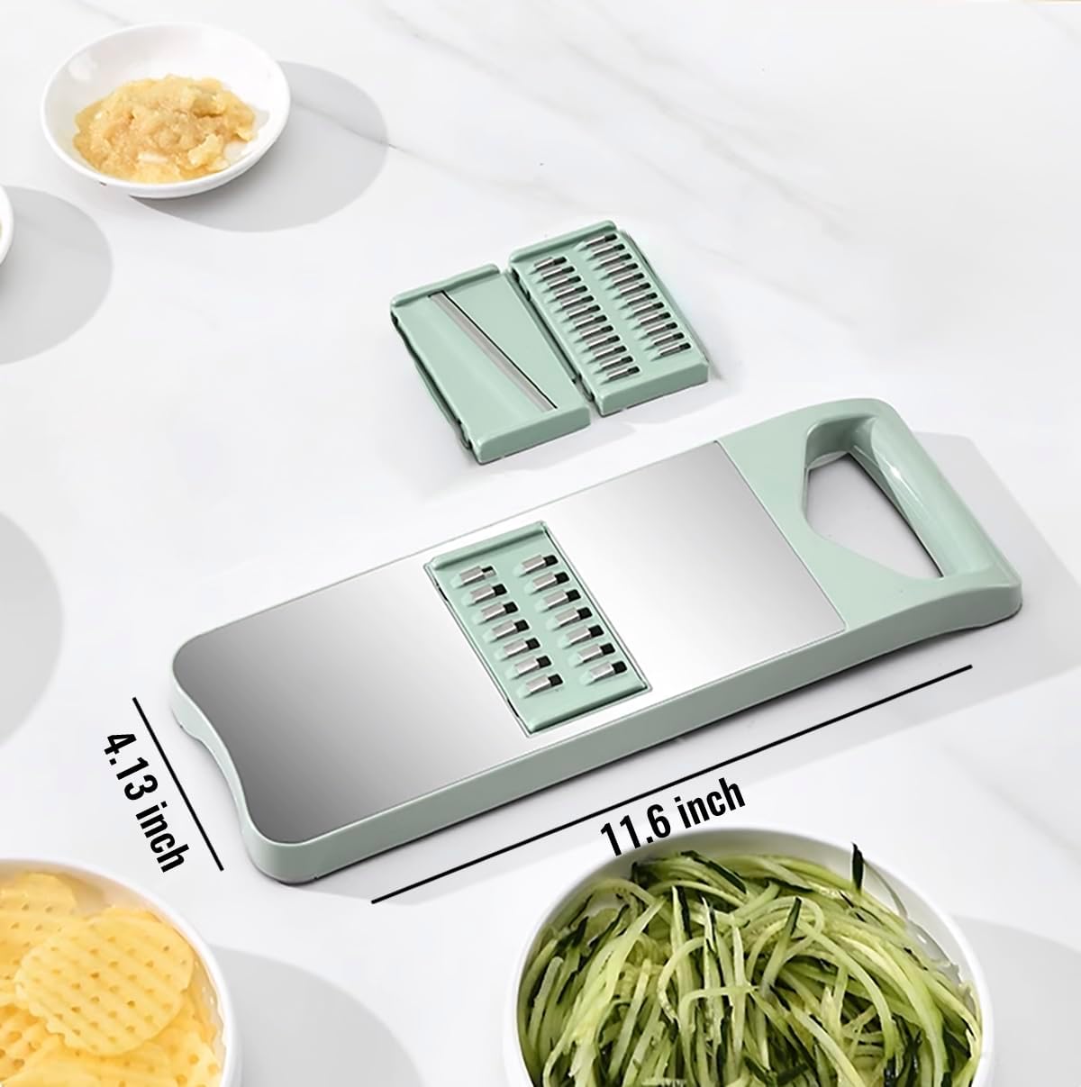 NACOLUS 5 In 1 Mandoline Slicer with Slide-On Hand Guard - Vegetable Slicer, Carrot Shredder,Safe Potato/Garlic Slicer Vegetable Cutter, Waffle Fry Cutter (Green, 5-in-1)