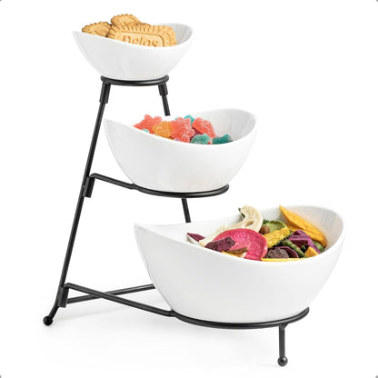 Miamolo Porcelain Serving Bowl Set for Appetizer Serving Dishes Set with 2 Compartment, Chip and Dip Taco Rack Display Salad Bar Serving Set, Gold Stand