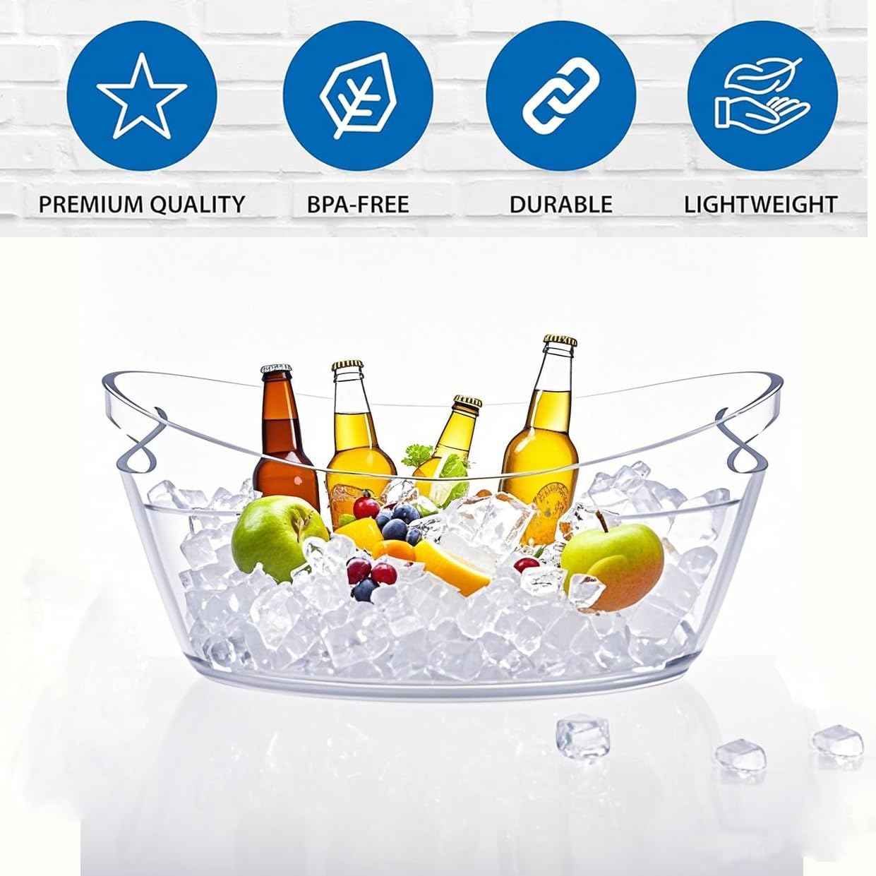Clear Ice Bucket for Parties, 6L Large Acrylic Beverage Tub with Handles & Scoop, Thick BPA-Free Plastic Wine Chiller Bucket for Champagne, Beer, Mimosa Bar, BBQ & Entertaining(1 Pcs)