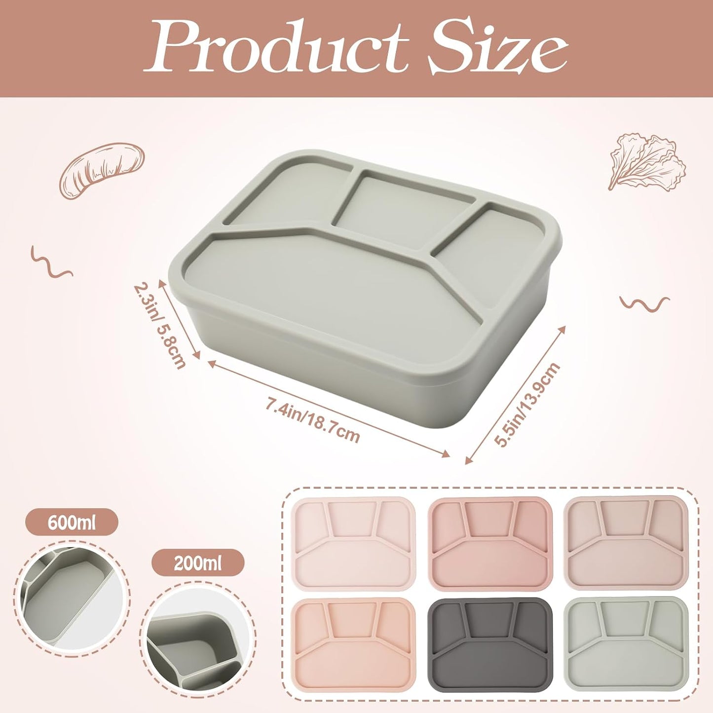 Honeydak 6 Pcs Silicone Bento Box Reusable Lunch Container 4 Compartment Snack Boxes with Lid Smooth LeakProof Rectangle Food Boxes for Adult Work Travel Food Storage (Cute Color)