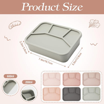 Honeydak 6 Pcs Silicone Bento Box Reusable Lunch Container 4 Compartment Snack Boxes with Lid Smooth LeakProof Rectangle Food Boxes for Adult Work Travel Food Storage (Cute Color)