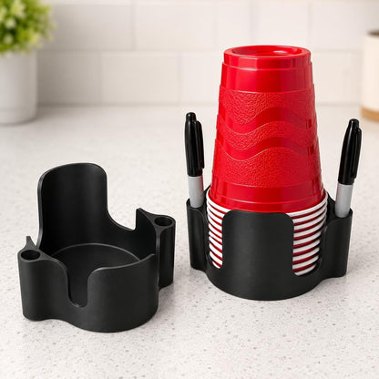 Party Cup Dispenser with Marker Holder – Stackable Plastic Cup Organizer for Parties, Events, BBQs, Picnics, Graduations & Drink Stations, Cup and Marker Caddy, Black (Red)