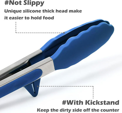 Silicone Tongs for Cooking, 3Pcs Stainless Steel Kitchen Tong with Silicone Tips, Heat Resistant Food Grade Small Serving Tong for BBQ Salad, Blue(7"+9"+12")