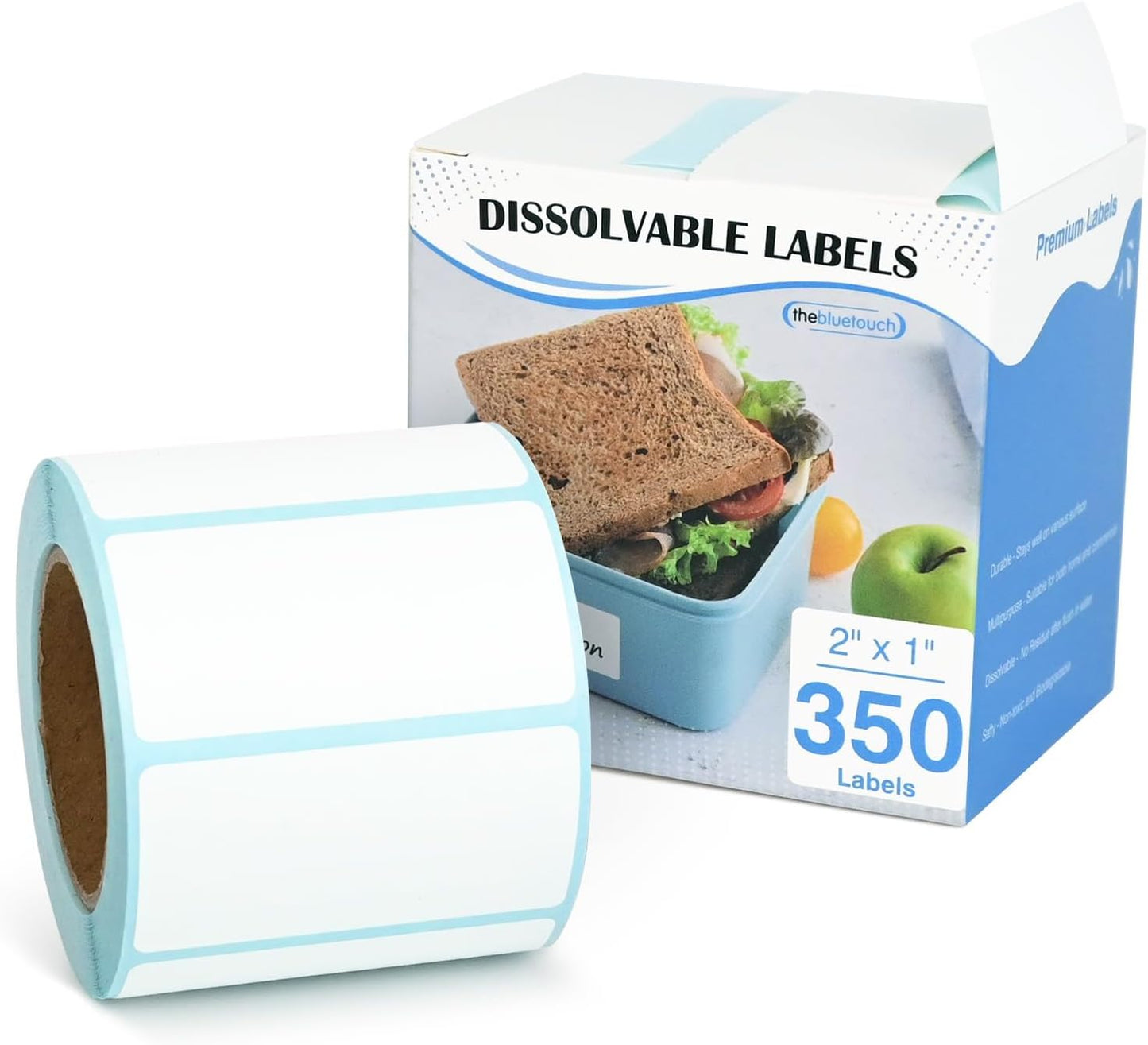 THEBLUETOUCH Dissolvable Food Labels with Dispenser - 1" x 2" Water Dissolving Labels, No Residue for Meal Prep & Food Storage Containers, 350 Count (1 Rolls of 350)