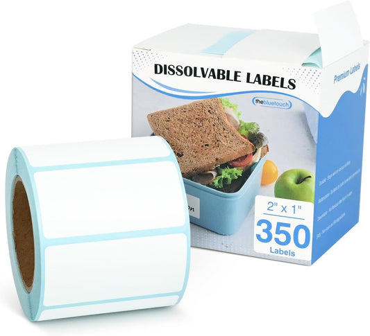 THEBLUETOUCH Dissolvable Food Labels with Dispenser - 1" x 2" Water Dissolving Labels, No Residue for Meal Prep & Food Storage Containers, 350 Count (1 Rolls of 350)