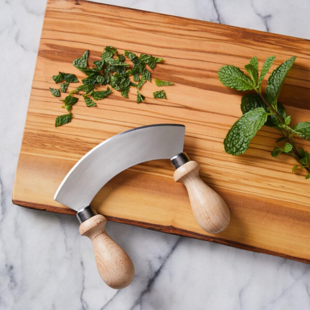 5.6” Stainless Steel Mezzaluna Knife - Salad Chopper, Pizza Cutter Rocker Blade, or Slicer Vegetable Cutter - Curved Mincing and Chopping Knife with Double Handles by Classic Cuisine