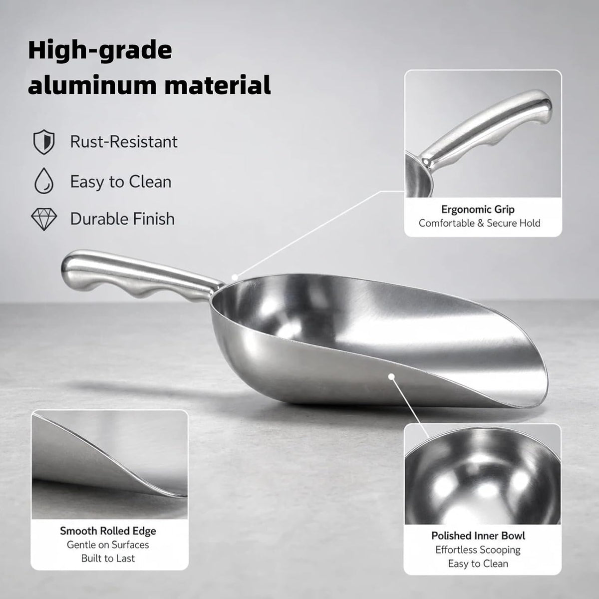 Cast Aluminum 5oz Utility Scoop, Round Bottom Multi-Purpose Ice Scooper with Finger Groove Handle,Food Grade Solid Conical Scoop for Ice Maker Flour Cereal Popcorn Pet Food