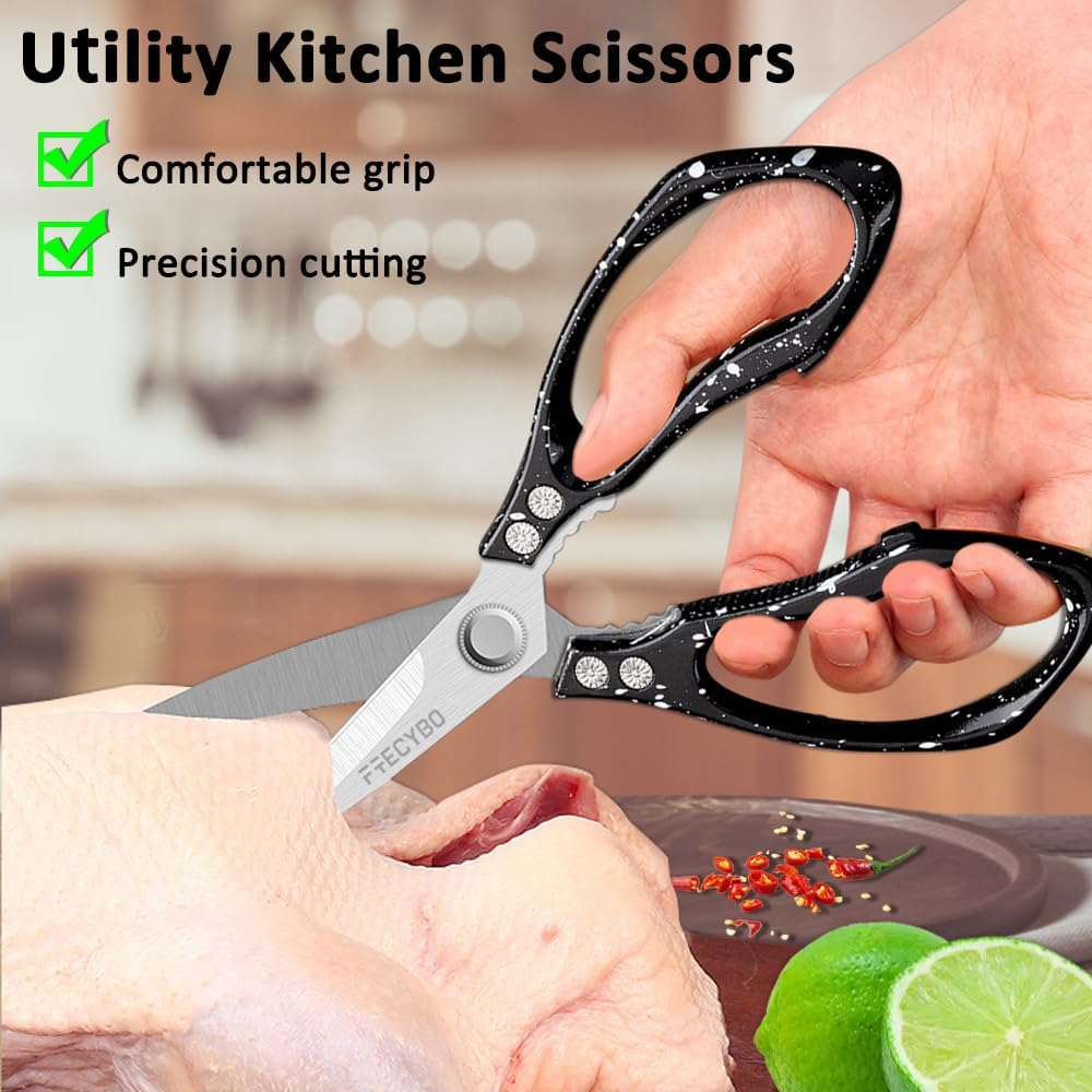 All Purpose Heavy Duty Shears, 2-Pack Kitchen Scissors for Food, Metal Handle Stainless Steel Cooking Scissors for Kitchen, Chicken, Fish, Meat, Poultry, Herbs (Silver)