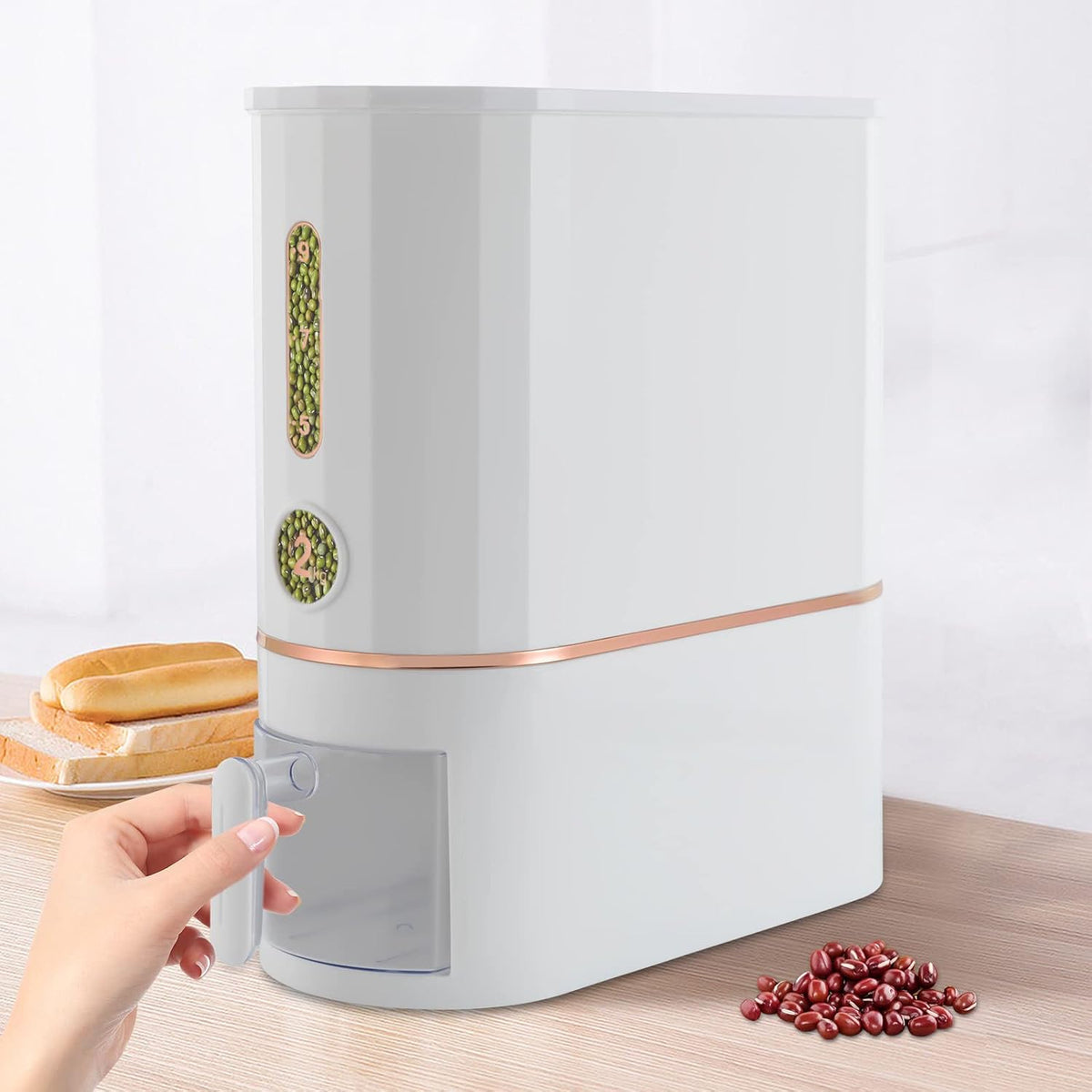 Rice Dispenser, 10KG/22Lbs Rice Container Cereal Dispenser with Lid & Measuring Cup, Grain Storage Organizer Rice Holder for Kitchen Countertop Dry Food, W7.4*D15.8*H15.7in