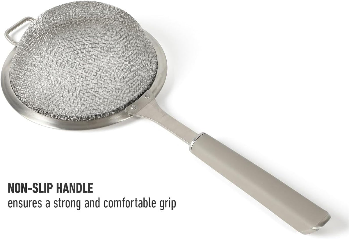 Calphalon Prime Edge 5-Inch Stainless Steel Strainer, Fine Mesh Kitchen Colander Strainer with Thermoplastic Rubber Handle, Sifter for Rinsing, Draining & Straining Food, Navy