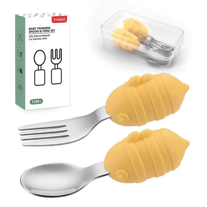 Baby Fork and Spoon Set with Carry Case Baby Training Utensils Self Feeding Toddler Silverware Silicone and Stainless Steel Kids and Toddler Utensil Set-Dinosaur