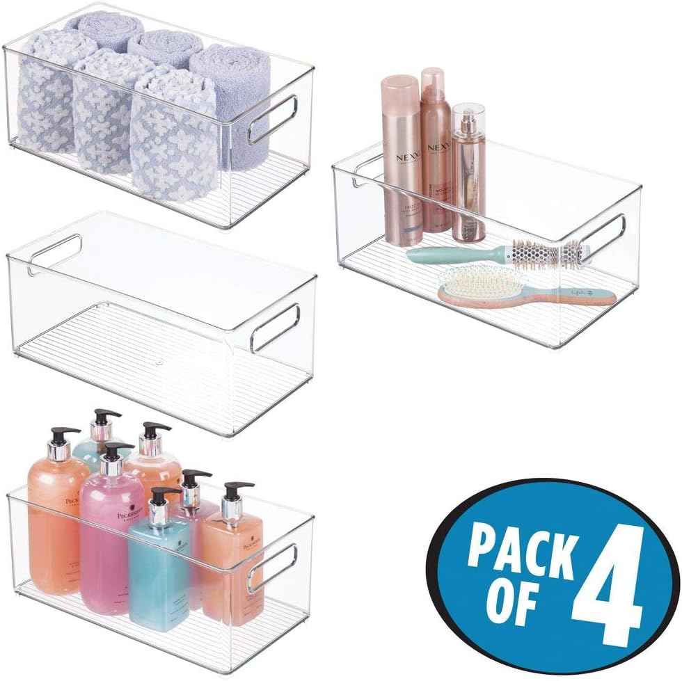 mDesign Plastic Bathroom Storage Container Bins w/ Handles - Closet, Cabinet, Vanity, Cupboard Shelf Organization, Hair Tools Accessory Organizer - Ligne Collection; Clear, ‎5x3.75x16 (Pack of 8)