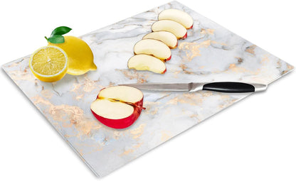 JAMBALAY Tempered Glass Cutting Boards for Kitchen, Gold 12"x8" & 16"x12" Glass Cutting Board Set with Marble Design, With Non Slip Foot, Shatter and Heat Resistant, Dishwasher Safe