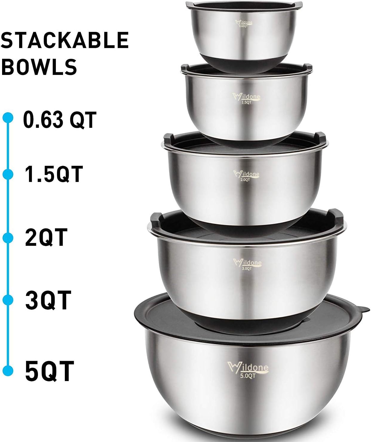 Wildone Mixing Bowls with Airtight Lids Set, 5PCS Stainless Steel Khaki Nesting Bowls for Kitchen, with Grater Attachments & Non-Slip Bottoms, Size 5, 3, 2, 1.5, 0.63 QT, Great for Mixing & Serving