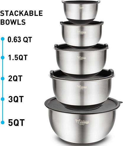 Wildone Mixing Bowls with Airtight Lids Set, 5PCS Stainless Steel Khaki Nesting Bowls for Kitchen, with Grater Attachments & Non-Slip Bottoms, Size 5, 3, 2, 1.5, 0.63 QT, Great for Mixing & Serving
