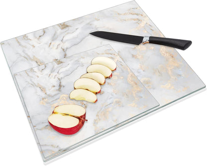 Tempered Glass Cutting Boards for Kitchen, Set of 2 Gold Glass Chopping Boards, 16"x12" & 12"x8" Cutting Boards With NonSlip Feet, Scratch Resistant, Heat Resistant, Easy to Clean