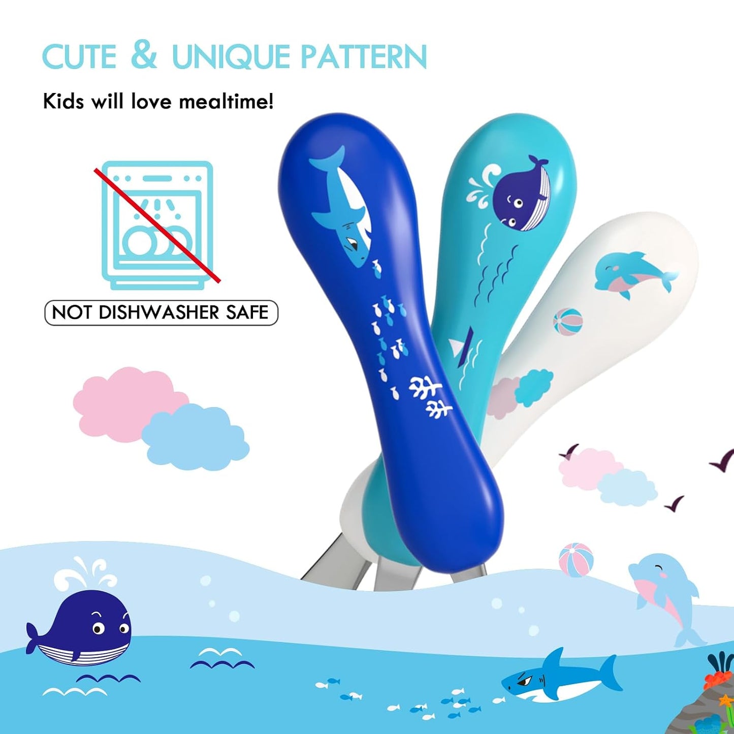 Lehoo Castle 6 Pieces Toddler Utensils, Kids Silverware for 2 3 4 Years Old, Stainless Steel Fork and Spoon Set with Plastic Handle, Safe Toddler Cutlery (Dinosaur)