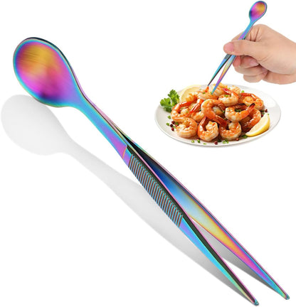 Tasting Spoon with Tweezer, 2 in 1 Stainless Steel Chef Spoon Serving Tongs, Professional Chef Tool for Cooking Plating Buffet Banquet Barbecue Grilling Appetizer, Multi