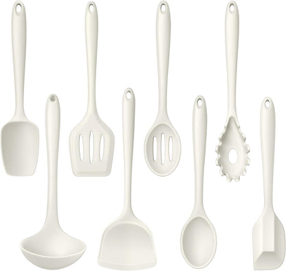 LIANYU Non-Toxic Silicone Kitchen Utensils Set, 8 Piece Non-Scratch Cooking Spoons & Spatulas, Stainless Steel Core, Heat Resistant & Dishwasher Safe, Khaki