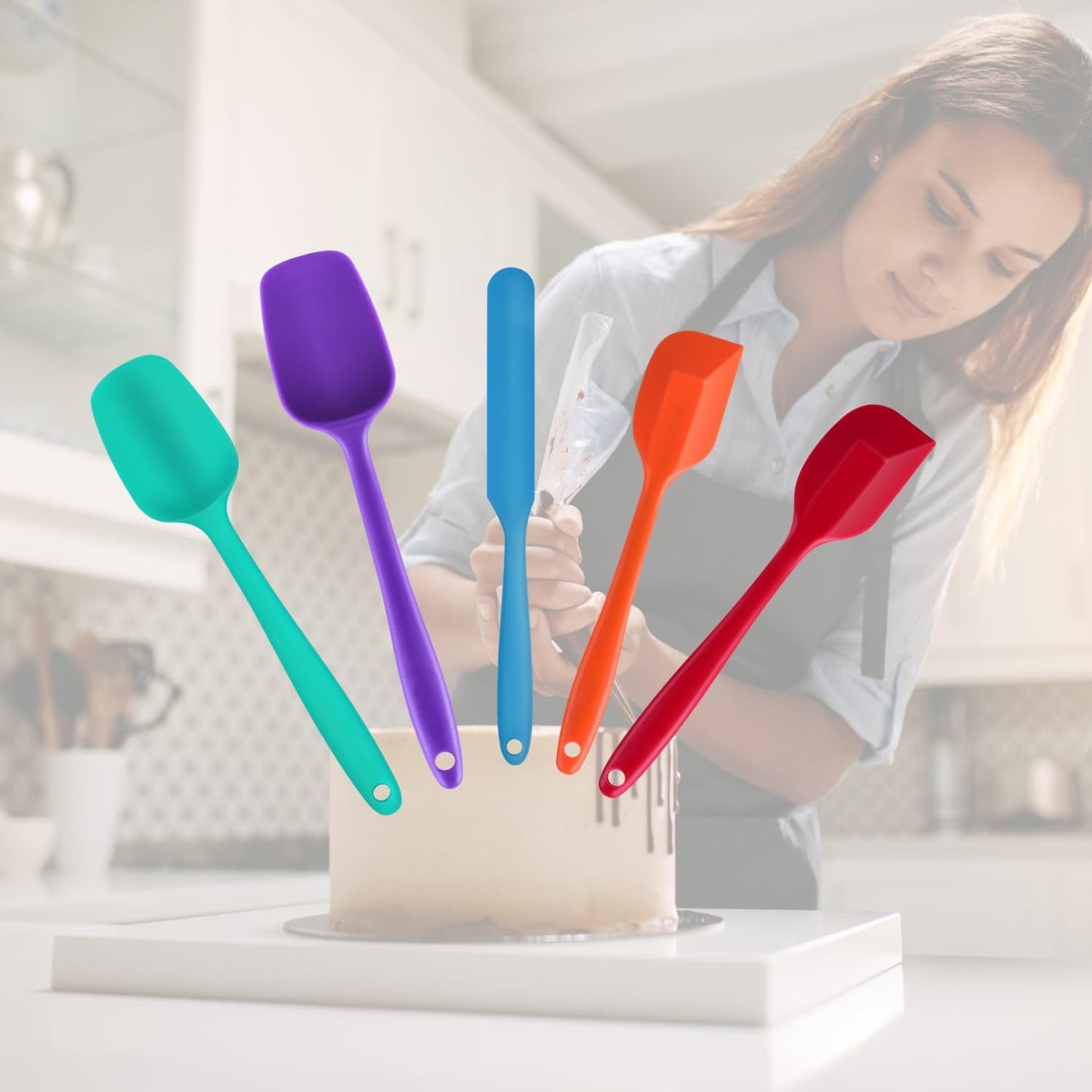 5-Pack Silicone Spatula Set – Heat-Resistant Baking, Cooking & Mixing Tools, Seamless Design, Non-Stick & Easy to Clean, Aqua Sky