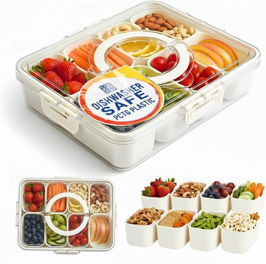 Dishwasher Safe Snackle Box Container 11 Removable Compartments - Divided Serving Tray with Lid and Handle - Portable Snack Box BPA Free - Premium PCTG Plastic Beach Snack Containers