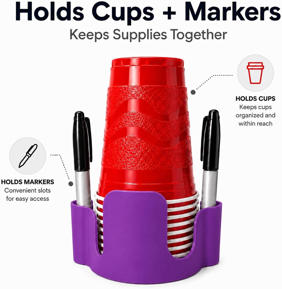 Party Cup Dispenser with Marker Holder – Stackable Plastic Cup Organizer for Parties, Events, BBQs, Picnics, Graduations & Drink Stations, Cup and Marker Caddy, Black (Red)
