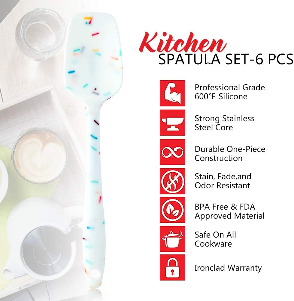 Shebaking Silicone Spatula Set 6 Piece Heat Resistant Rubber Spatulas Set for Baking Cooking and Mixing Kitchen Utensils Seamless One Piece Spatula with Stainless Steel Core Nonstick Dishwasher Safe
