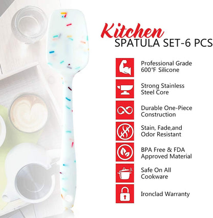 Shebaking Silicone Spatula Set 6 Piece Heat Resistant Rubber Spatulas Set for Baking Cooking and Mixing Kitchen Utensils Seamless One Piece Spatula with Stainless Steel Core Nonstick Dishwasher Safe