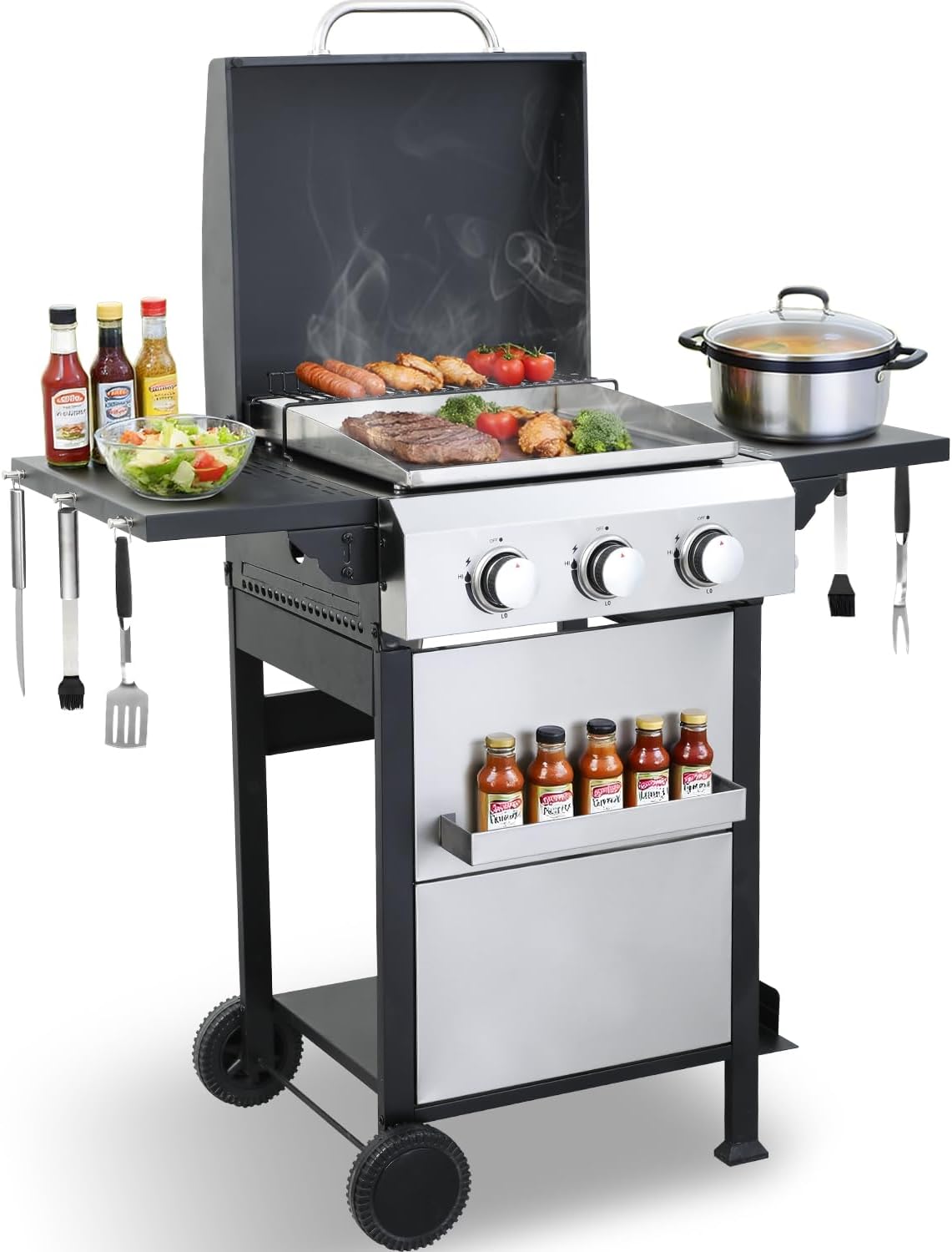 CIG GARDEN 3-Burner Gas Grill & Griddle Combo, 2-in-1 Propane BBQ with Stainless Steel Griddle, Cast Iron Grates & Lid - 30,000 BTU Flat Top for Patio, Backyard, Camping