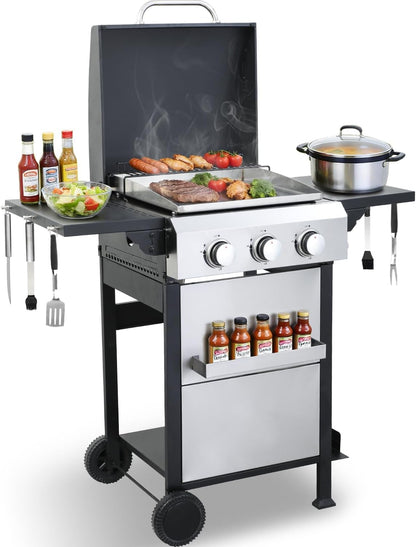 CIG GARDEN 3-Burner Gas Grill & Griddle Combo, 2-in-1 Propane BBQ with Stainless Steel Griddle, Cast Iron Grates & Lid - 30,000 BTU Flat Top for Patio, Backyard, Camping