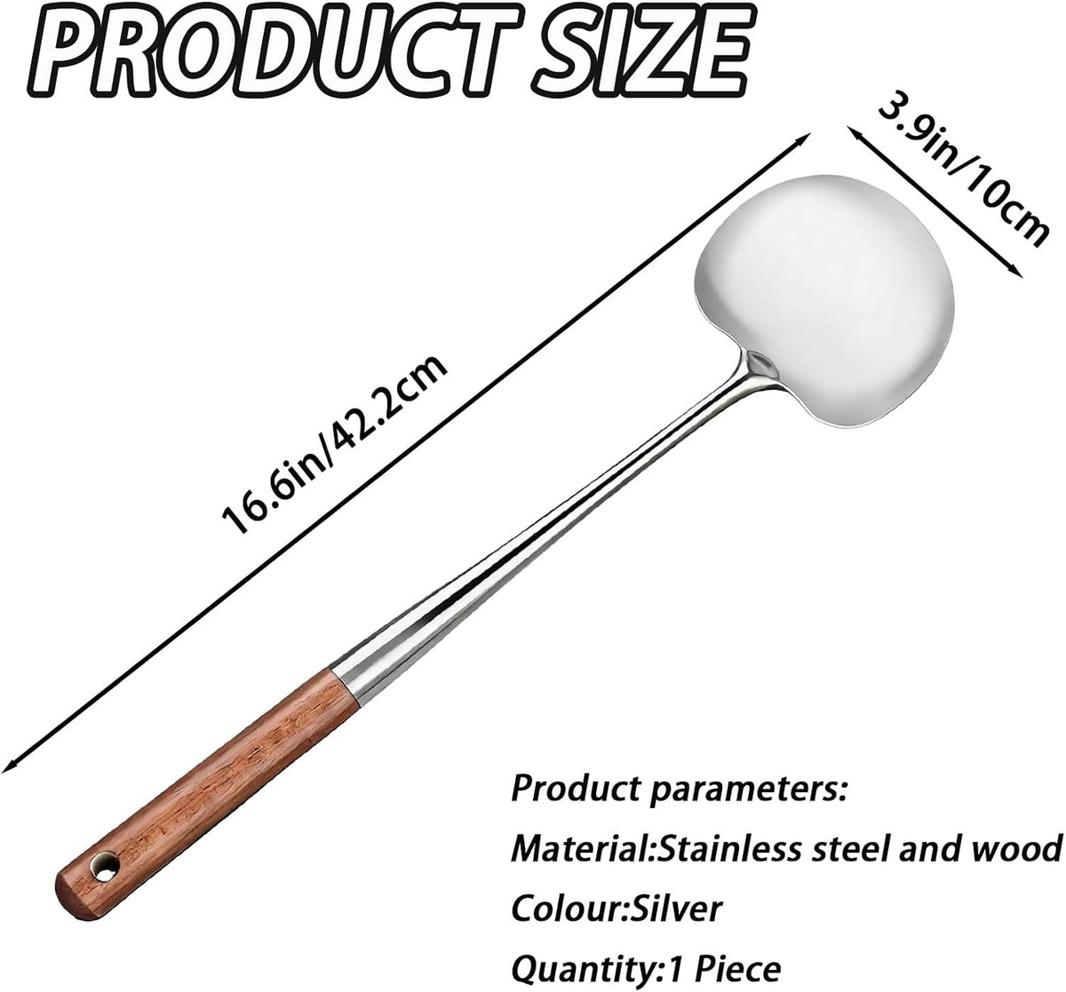 Stainless Steel Wok Spatula, Mushroom Shaped Metal Cooking Flipper, Long Wood Handle Stainless Steel Wide Scraper for Kitchen Cooking, 16.6 Inches, 1 Piece