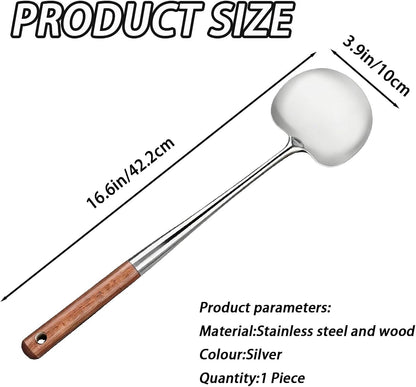 Stainless Steel Wok Spatula, Mushroom Shaped Metal Cooking Flipper, Long Wood Handle Stainless Steel Wide Scraper for Kitchen Cooking, 16.6 Inches, 1 Piece