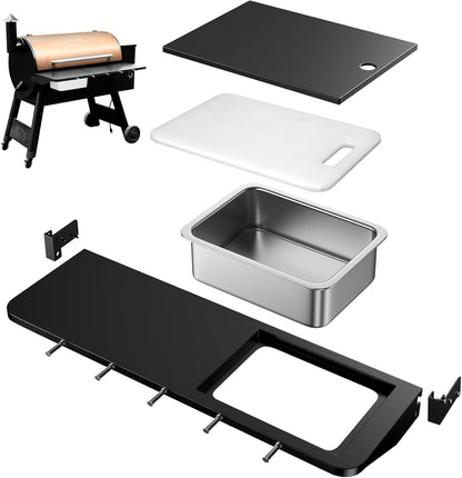 Upgraded Grill Table for Weber Kettle 22"/18"/26", Master Touch 22", Smokey Mountain, Recteq Pellet Grill RT-B380, Prep Station with Cutting Board, Basin, 4 Hooks, Shelf for Weber Kettle Accessories