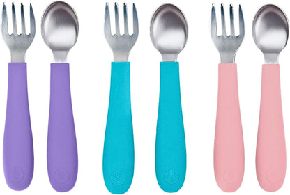 Kids Stainless Steel Utensils Set - Premium 18/8 Grade Silverware Kit - 2 Spoons, 2 Forks, and 2 Knives for Ages 4-7 - Silicone Easy-Grip Handles - Children Flatware Cutlery (Matte - Pink, Off White)