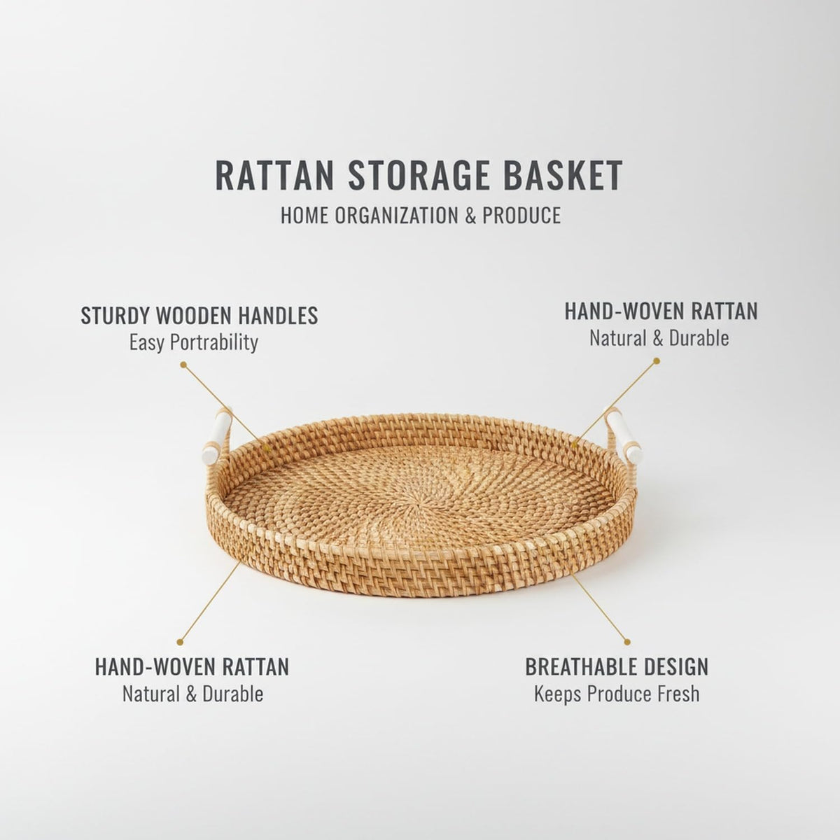 Hand Woven Rattan Basket with Wood Handle, Open Weave Storage Bin for Countertop Organization, Produce, and Snacks