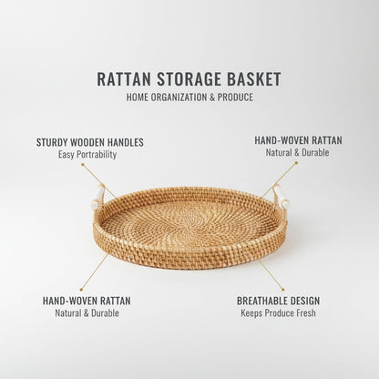 Hand Woven Rattan Basket with Wood Handle, Open Weave Storage Bin for Countertop Organization, Produce, and Snacks