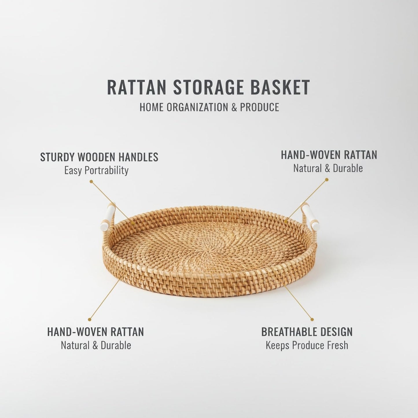 Hand Woven Rattan Basket with Wooden Handle, Natural Open Weave Storage Bin for Countertop Organization, Produce, and Snacks