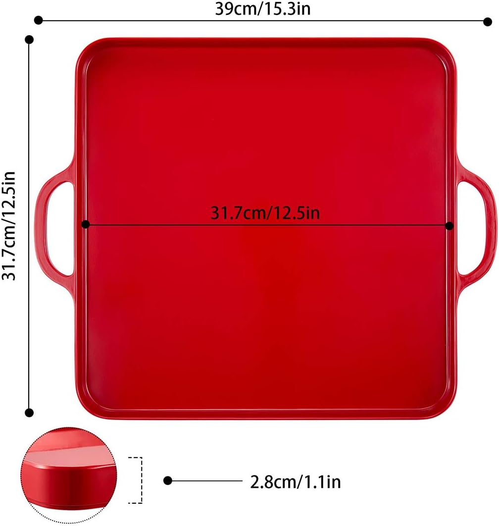 i BKGOO Foodservice Red Plastic Tray with Handle Set of 2 Large Melamine Cube Serving Platters for Parties, Table, Kitchen Size(12.5"x12.5"x1")