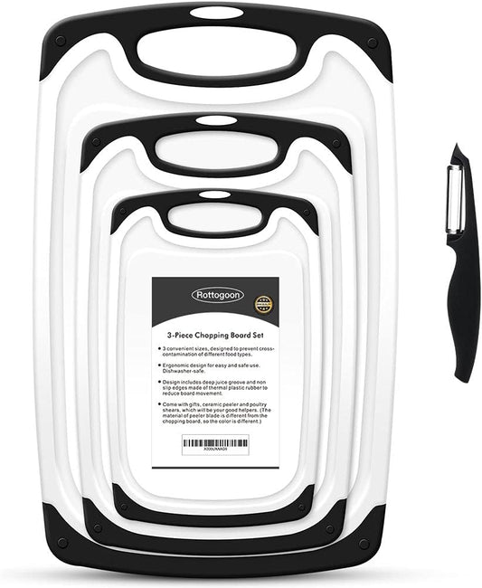 Cutting Boards for Kitchen, Plastic Chopping Board Set of 4 with Non-Slip Feet and Deep Drip Juice Groove, Easy Grip Handle, Dishwasher Safe, gray