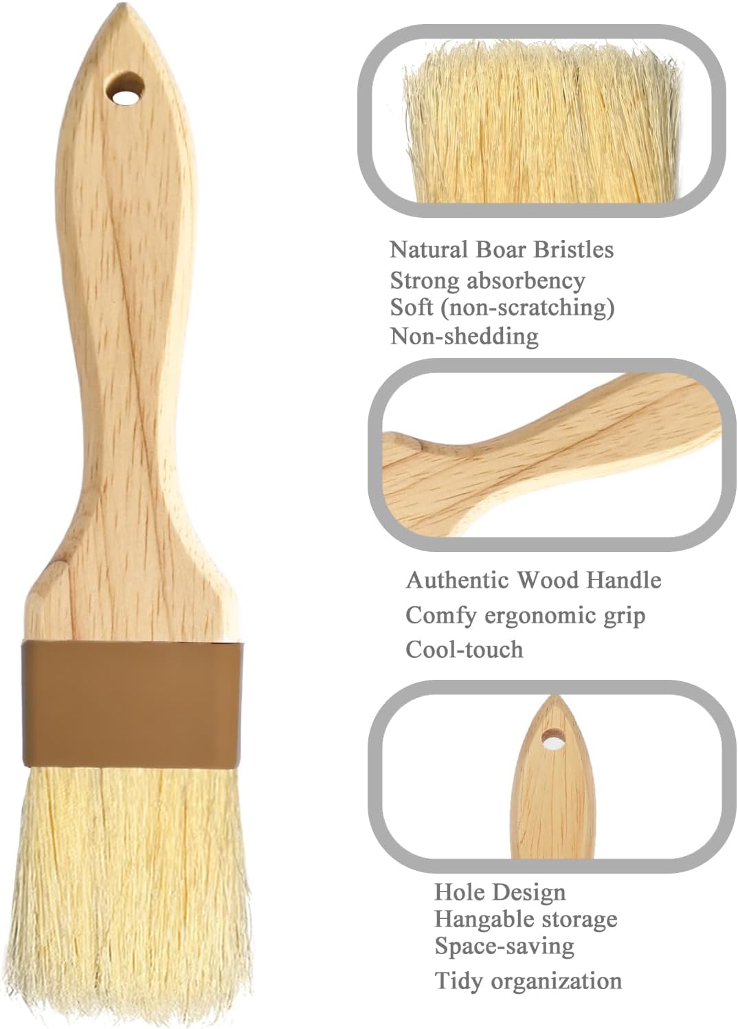 Natural Boar Bristle Pastry Brush,Heat Resistant Basting Brush for Cooking, BBQ, Baking, Food Grade Wooden Handle Oil Brush for Egg Wash, Butter,Marinade, Sauce, Dishwasher Safe(1",1.5",3PC)