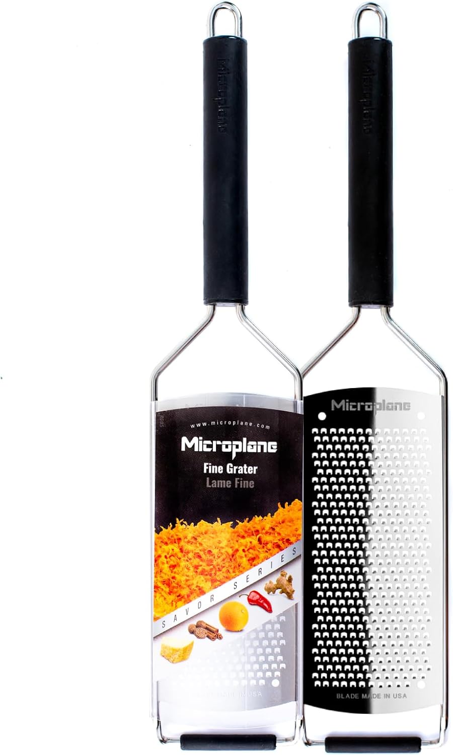 Microplane Savor Series Kitchen Grater Fine in Black for Hard Cheese Parmesan, Citrus Lemon, Orange, Lime, Ginger, Nutmeg, Cinnamon, Garlic, Chili, Chocolate - Stainless Steel Grater Made in USA