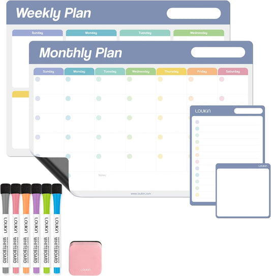 loukin Dry Erase Checklists 4 Pack, Electrostatic Clings to Any Shiny Surface, 7.9"×5.9" Whiteboard Shopping List, Reusable to do List for Office, Classroom, Refrigerator, 6 Markers&1 Eraser Included